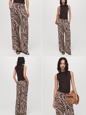 Mango Zebra Print Pleated Straight Leg Pants Brown Beige Women’s 8